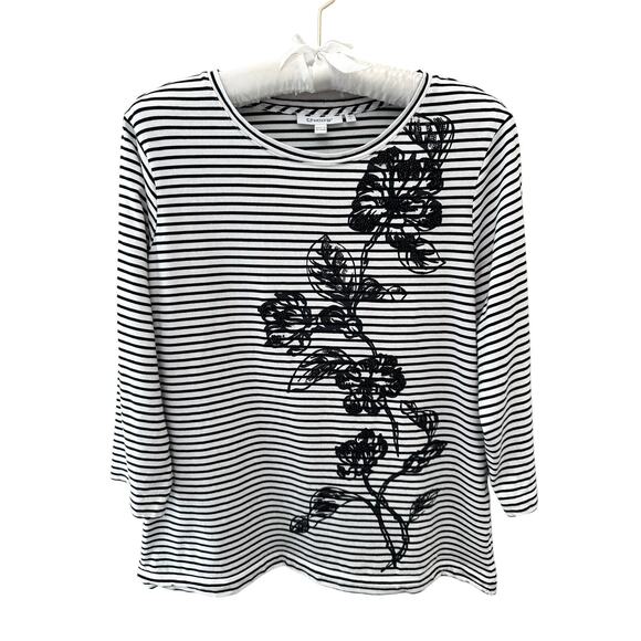 CHICO’S | Black & White Striped Floral Beaded 3/4 Sleeve Top | Size 2 Large - Picture 1 of 7